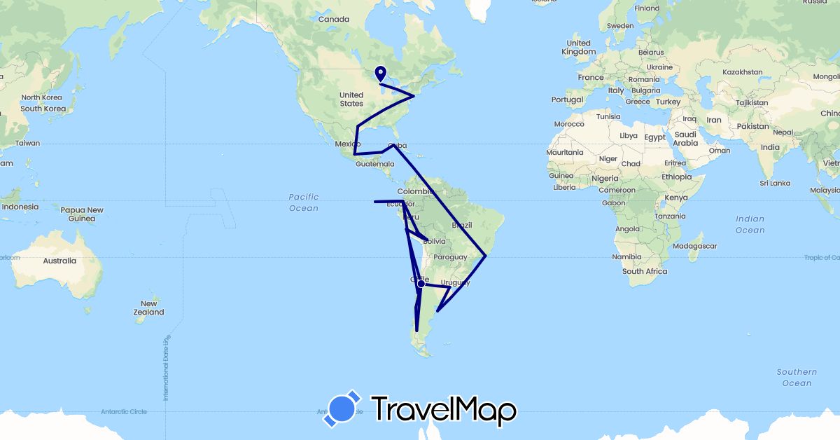 TravelMap itinerary: driving in Argentina, Bolivia, Brazil, Chile, Cuba, Ecuador, Mexico, Peru, United States (North America, South America)