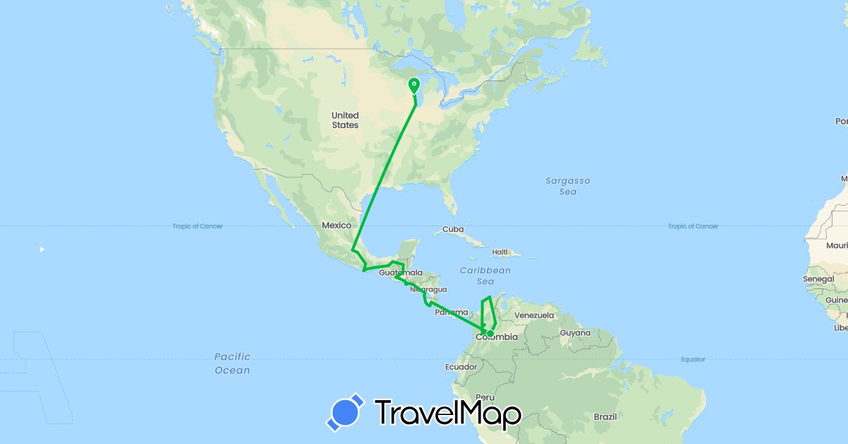 TravelMap itinerary: driving, bus in Colombia, Costa Rica, Guatemala, Mexico, Nicaragua, El Salvador, United States (North America, South America)